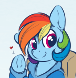 Size: 2000x2032 | Tagged: safe, artist:dimfann, color edit, edit, rainbow dash, pegasus, pony, alternate hairstyle, clothes, colored, colored sketch, cute, dashabetes, female, flat colors, heart, mare, simple background, sketch, smiling, solo, underhoof