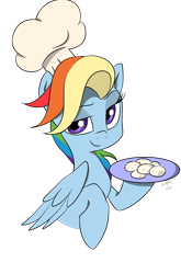 Size: 800x1214 | Tagged: safe, artist:emositecc, rainbow dash, pegasus, pony, comic:sparkle, alternate hairstyle, alternate universe, chef's hat, cooking, food, hat, plate, simple background, solo, transparent background