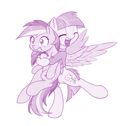 Size: 800x842 | Tagged: safe, artist:dstears, rainbow dash, windy whistles, pegasus, pony, bear hug, bipedal, cute, dashabetes, duo, eyes closed, female, hug, mare, monochrome, mother and child, mother and daughter, mothers gonna mother, open mouth, parent and child, purple, simple background, spread wings, white background, windybetes, wings