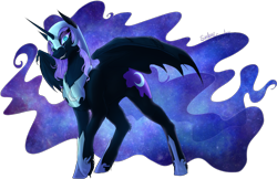 Size: 2067x1341 | Tagged: safe, artist:sinderynaralex, nightmare moon, alicorn, pony, armor, fangs, female, horn, looking at you, mare, simple background, solo, transparent background, wings