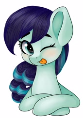 Size: 1474x2160 | Tagged: safe, artist:romablueberry, coloratura, earth pony, pony, :p, bust, crossed hooves, cute, female, mare, one eye closed, rara, rarabetes, simple background, solo, tongue out, white background, wink