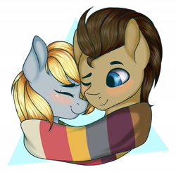 Size: 2168x2124 | Tagged: safe, artist:lovermishka, artist:romablueberry, derpy hooves, doctor whooves, earth pony, pegasus, pony, blushing, bust, clothes, cute, derpabetes, doctorderpy, eyes closed, female, fourth doctor's scarf, male, mare, one eye closed, portrait, scarf, shipping, simple background, smiling, snuggling, stallion, straight