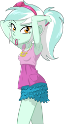Size: 4300x8298 | Tagged: safe, artist:hunterz263, artist:ta-na, lyra heartstrings, equestria girls, .svg available, absurd resolution, alternate hairstyle, arm behind head, armpits, clothes, dress, female, hair tie, looking at you, mouth hold, necklace, ponytail, simple background, skirt, solo, speedpaint available, transparent background, vector