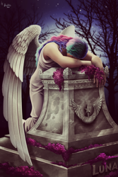 Size: 1280x1920 | Tagged: safe, artist:das_leben, princess celestia, human, angel of grief, beautiful, clothes, crying, feels, female, fine art emulation, fine art parody, flower, gravestone, grieving, humanized, implied death, kneeling, new lunar republic, night, sad, solo, stars, tree, william wetmore story, winged humanization, wings