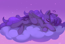 Size: 3200x2205 | Tagged: safe, artist:lispp, princess luna, alicorn, pony, cloud, crown, cute, eyes closed, female, high res, jewelry, lunabetes, mare, night, on a cloud, prone, regalia, sky, sleeping, solo