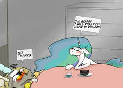 Size: 1400x1000 | Tagged: safe, artist:zouyugi, discord, princess celestia, alicorn, draconequus, pony, bed, blushing, cake, dialogue, dislestia, female, food, male, shipping, sick, smiling, speech bubble, straight