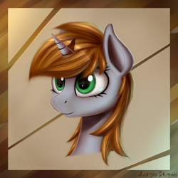 Size: 2200x2200 | Tagged: safe, artist:adagiostring, oc, oc only, oc:littlepip, pony, unicorn, fallout equestria, abstract background, bust, fanfic, fanfic art, female, horn, mare, portrait, smiling, solo