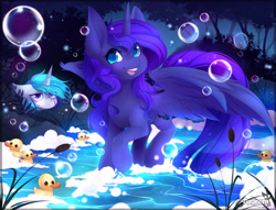 Size: 1024x784 | Tagged: safe, artist:teranen, princess celestia, princess luna, alicorn, pony, annoyed, bubble, color porn, colored pupils, cute, eyestrain warning, female, horn, lunabetes, mare, night, royal sisters, rubber duck, siblings, silly, silly pony, sisters, smiling, soap bubble, spread wings, tree, water, wings