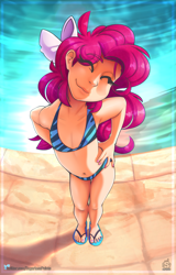 Size: 1365x2129 | Tagged: safe, artist:sugarlesspaints, pinkie pie, human, belly button, bikini, breasts, clothes, cute, delicious flat chest, diapinkes, explicit source, eye clipping through hair, eyebrows visible through hair, eyes closed, female, footprint, hand on hip, happy, humanized, midriff, nail polish, pixiv, sandals, smiling, solo, swimming pool, swimsuit, toes, young, younger