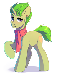 Size: 2369x3000 | Tagged: safe, artist:fensu-san, oc, oc only, oc:golden heart, pony, unicorn, clothes, ear piercing, male, piercing, raised hoof, scarf, simple background, solo, stallion, white background