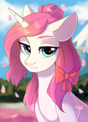 Size: 2175x3000 | Tagged: safe, artist:fensu-san, oc, oc only, pony, unicorn, bow, bust, cherry blossoms, female, flower, flower blossom, hair bow, lidded eyes, mare, mountain, petals, portrait, solo, unamused