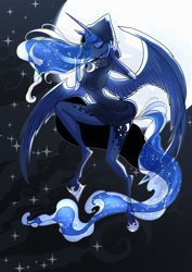 Size: 848x1200 | Tagged: safe, artist:ursa, princess luna, alicorn, anthro, unguligrade anthro, backlighting, beautiful, breasts, cape, cloak, clothes, cloud, ethereal mane, eyes closed, female, flying, full moon, galaxy mane, hood, hoof shoes, mare, moon, night, sky, solo, spread wings, starry mane, stars, stormcloud, wings