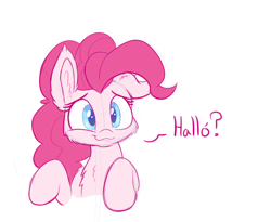 Size: 1100x900 | Tagged: safe, artist:heir-of-rick, pinkie pie, earth pony, pony, bust, chest fluff, dialogue, ear fluff, female, looking at you, mare, raised hoof, simple background, solo, white background