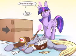 Size: 2024x1487 | Tagged: safe, artist:sugarlesspaints, derpy hooves, twilight sparkle, twilight sparkle (alicorn), alicorn, pegasus, pony, box, cheek fluff, chest fluff, dead, dialogue, duo, female, glowing horn, hat, horn, magic, mailmare, mare, poking, raised hoof, speech bubble, stick, telekinesis, tongue out, unconscious