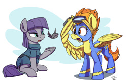 Size: 1200x793 | Tagged: safe, artist:tsitra360, boulder (pet), maud pie, spitfire, earth pony, pegasus, pony, abstract background, clothes, female, flying, friendshipping, goggles, mare, open mouth, princess boulder, shocked, sitting, underhoof, uniform, wings, wonderbolts uniform