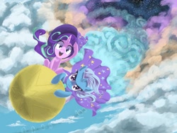 Size: 2224x1668 | Tagged: safe, artist:hananpacha, starlight glimmer, trixie, pony, unicorn, cloud, duo, female, happy, incoming, looking at you, mare, rocket, sky, smiling, smoke, toy interpretation, trixie's rocket