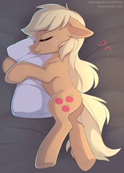 Size: 1545x2160 | Tagged: safe, artist:fensu-san, applejack, earth pony, pony, bed, cute, eyes closed, female, freckles, hatless, hug, jackabetes, mare, missing accessory, pillow, pillow hug, sleeping, smiling, solo