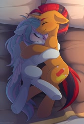 Size: 1472x2160 | Tagged: safe, artist:fensu-san, oc, oc only, oc:selest light, oc:velvet hope, pegasus, pony, unicorn, bed, female, hug, male, shipping, sleeping, straight