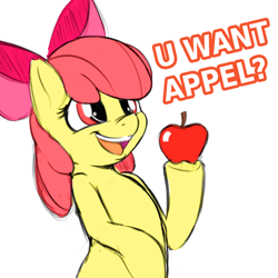 Size: 900x900 | Tagged: dead source, safe, artist:spectre-z, apple bloom, earth pony, pony, adorabloom, apple, bow, cute, dialogue, female, filly, food, grammar error, hair bow, hoof hold, open mouth, simple background, solo, white background