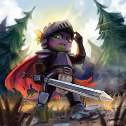 Size: 2000x2000 | Tagged: safe, artist:inowiseei, spike, dragon, armor, belt, cape, clothes, fantasy class, forest, helmet, knight, male, solo, spike the brave and glorious, sword, tree, warrior, weapon