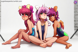 Size: 3401x2296 | Tagged: safe, artist:sugarlesspaints, apple bloom, scootaloo, sweetie belle, human, adorabloom, barefoot, blushing, body freckles, clothes, cute, cutealoo, cutie mark crusaders, diasweetes, explicit source, fake ears, feet, female, freckles, headband, humanized, looking at you, nail polish, one eye closed, one-piece swimsuit, open-back swimsuit, photo shoot, smiling, swimsuit, wink