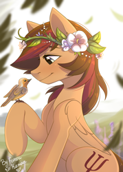 Size: 2862x4000 | Tagged: safe, artist:fensu-san, oc, oc only, oc:keman, bird, pony, floral head wreath, flower, male, robin, solo, stallion