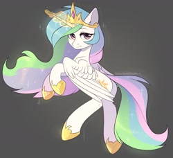 Size: 2373x2160 | Tagged: safe, artist:fensu-san, princess celestia, alicorn, pony, crown, female, glowing horn, gray background, jewelry, mare, rearing, regalia, simple background, solo