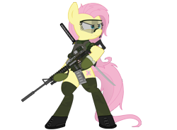 Size: 6000x4400 | Tagged: safe, artist:yognaughtsteve, fluttershy, pegasus, pony, absurd resolution, action pose, assault rifle, badass, bipedal, body armor, boots, bulletproof vest, clothes, flutterbadass, gloves, goggles, gun, head turn, headset, hoof hold, katana, looking away, military, protective glasses, rifle, shoes, simple background, solo, standing, sword, transparent background, weapon