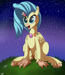 Size: 2600x3000 | Tagged: safe, artist:orangejuicerus, princess skystar, classical hippogriff, hippogriff, my little pony: the movie, cute, happy, night, skyabetes, stargazing