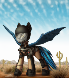 Size: 1930x2160 | Tagged: safe, artist:adagiostring, oc, oc only, bat pony, pony, fallout equestria, bat pony oc, cactus, clothes, cloud, commission, desert, female, gun, helmet, mare, sky, slit eyes, solo, weapon