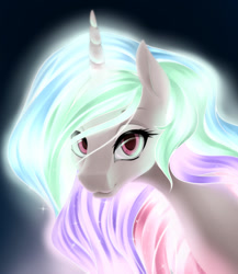 Size: 868x1000 | Tagged: safe, artist:dstears, princess celestia, alicorn, pony, bust, female, glow, glowing mane, horn, looking at you, mare, princess, royalty, smiling, solo