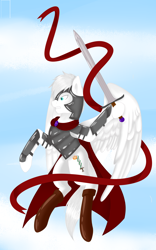 Size: 7000x11200 | Tagged: artist needed, source needed, safe, oc, oc only, oc:light knight, pegasus, pony, absurd resolution, armor, cape, clothes, helmet, knight, male, sky, solo, stallion, sword, warrior, weapon