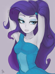 Size: 663x888 | Tagged: safe, artist:ehfa, rarity, equestria girls, equestria girls (movie), armpits, bedroom eyes, breasts, clothes, dress, eyeshadow, fall formal outfits, female, gray background, makeup, sexy, simple background, solo