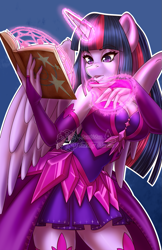 Size: 825x1275 | Tagged: safe, artist:bumblebun, part of a set, twilight sparkle, twilight sparkle (alicorn), alicorn, anthro, big breasts, book, breasts, cleavage, clothes, fantasy class, female, glowing horn, headlight sparkle, magic, magic circle, mare, solo, watermark