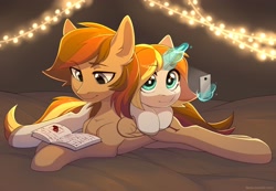 Size: 2560x1775 | Tagged: safe, artist:fensu-san, oc, oc only, oc:caroline sunshine, oc:keman, pony, book, caroman, cellphone, duo, lights, lying, lying on top of someone, magic, phone, reading, smartphone, telekinesis