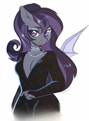 Size: 1586x2160 | Tagged: safe, artist:fensu-san, oc, oc only, anthro, bat pony, absolute cleavage, anthro oc, bat pony oc, black dress, breasts, cleavage, clothes, dress, eyeshadow, female, jewelry, makeup, mare, necklace, pearl necklace, simple background, solo, white background