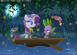 Size: 1200x848 | Tagged: safe, artist:lennonblack, rarity, spike, dragon, firefly (insect), fish, pony, unicorn, boat, clothes, cute, disney, dress, female, full moon, lake, male, moon, moonlight, neckerchief, night, oar, romantic, rowboat, shipping, sparity, straight, the little mermaid, water