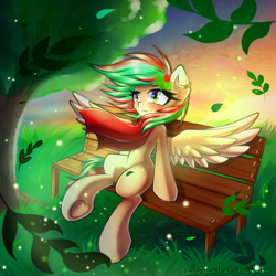 Size: 2000x2000 | Tagged: safe, artist:chaosangeldesu, oc, oc only, oc:amber (doctorcongoalt), pegasus, pony, bench, clothes, ear piercing, female, heterochromia, leaves, mare, piercing, scarf, sitting, solo, spread wings, tree, windswept mane, wings