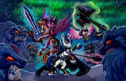 Size: 1554x1000 | Tagged: safe, artist:harwick, princess cadance, princess flurry heart, shining armor, alicorn, pony, unicorn, yeti, aurora borealis, baby, baby pony, badass, family, female, fight, flying, glowing horn, hammer, magic, male, mare, monster, rearing, shiningcadance, spear, stallion, sword, telekinesis, war hammer, weapon