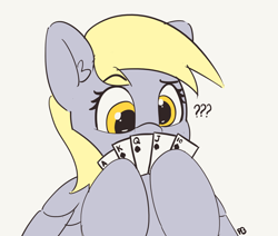 Size: 2442x2075 | Tagged: safe, artist:pabbley, derpy hooves, pegasus, pony, 30 minute art challenge, card, confused, female, hoof hold, mare, playing card, poker, question mark, raised eyebrow, royal flush, simple background, solo, spread wings, straight flush, white background, wings, you're doing it wrong