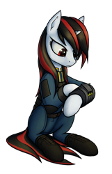 Size: 3144x4896 | Tagged: safe, artist:koshakevich, oc, oc:blackjack, pony, unicorn, fallout equestria, fallout equestria: project horizons, clothes, female, mare, pipbuck, simple background, sitting, solo, transparent background