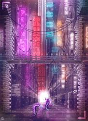 Size: 4000x5500 | Tagged: safe, artist:sol-r, starlight glimmer, pony, unicorn, absurd resolution, city, cyberpunk, cyrillic, female, lights, looking up, mare, neon, rear view, solo