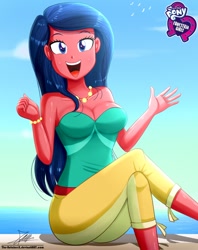 Size: 920x1160 | Tagged: safe, artist:the-butch-x, desert sage, better together, equestria girls, spring breakdown, background human, blue eyes, blue hair, breasts, bustier, busty desert sage, butch's hello, cleavage, crossed legs, equestria girls logo, female, hello x, jewelry, necklace, open mouth, pearl necklace, signature, solo, waving