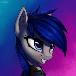 Size: 3000x3000 | Tagged: safe, artist:setharu, oc, oc only, pony, blood, bust, clothes, female, grin, mare, portrait, smiling, solo