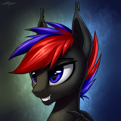 Size: 3000x3000 | Tagged: safe, artist:setharu, oc, oc only, bat pony, pony, bat pony oc, beard, bust, facial hair, fangs, grin, male, portrait, slit eyes, smiling, solo, stallion