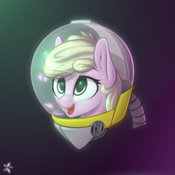 Size: 2160x2160 | Tagged: safe, artist:starfall-spark, oc, oc only, oc:puppysmiles, earth pony, pony, fallout equestria, fallout equestria: pink eyes, bust, canterlot ghoul, cute, female, filly, hazmat suit, heads up display, hud, open mouth, portrait, simple background, smiling, solo