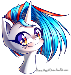 Size: 1400x1468 | Tagged: safe, artist:chaosangeldesu, oc, oc only, oc:aqua jewel, pony, unicorn, blushing, bust, female, freckles, happy, mare, multicolored hair, portrait, simple background, smiling, solo, transparent background