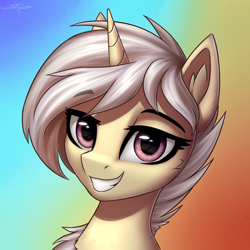 Size: 3000x3000 | Tagged: safe, artist:setharu, oc, oc only, pony, unicorn, bust, female, grin, mare, portrait, smiling, solo