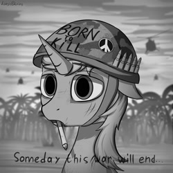 Size: 2000x2000 | Tagged: safe, artist:adagiostring, oc, oc only, pony, unicorn, born to kill, born to x, bust, cigarette, full metal jacket, grayscale, helicopter, helmet, jungle, male, military, monochrome, portrait, soldier, solo, stallion, thousand yard stare, vietnam war