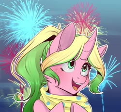 Size: 2333x2160 | Tagged: safe, artist:silbersternenlicht, oc, oc only, pony, unicorn, bust, clothes, female, fireworks, mare, open mouth, portrait, scarf, solo